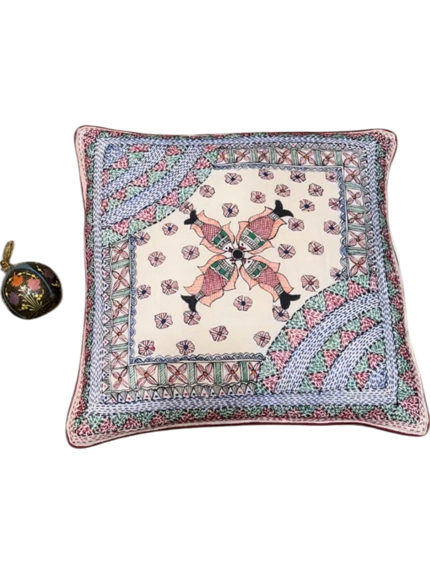MADHUBANI AND SUJANI FISH HAND-CRAFTED CUSHION COVER